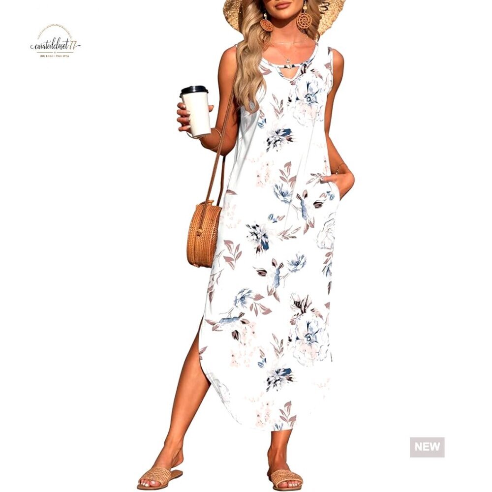 Summer Maxi Dress Sleeveless Loose Long Split with Pockets